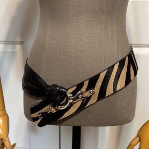 Vintage Zebra-Print Italian Leather and Calf Hair Wide Waist Belt in Black & Tan